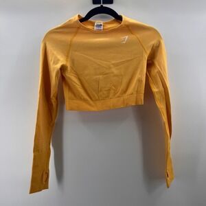 Gymshark Cropped Long Sleeve Top Women Size M Yellow Seamless Thumbholes